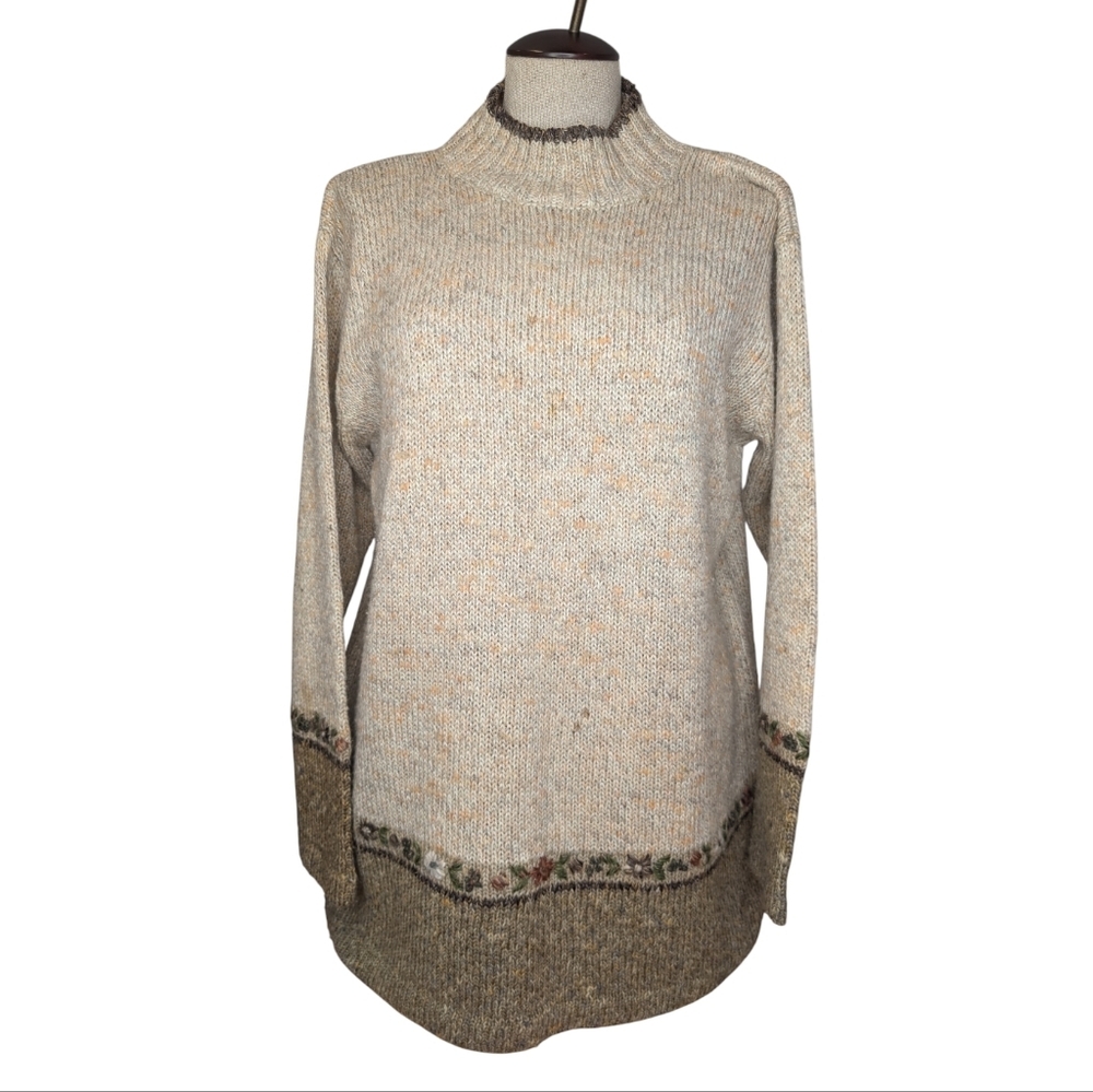 Vintage Inspired Knit Sweater Floral Hem Mock Neck Wool Blend G/L